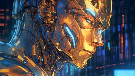 Cyborg head in futuristic cyberspace. 3d illustration.の素材