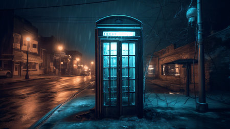telephone box in the street at night in foggy weather.の素材