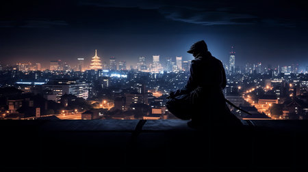 silhouette of man sitting on roof and looking at night cityの素材