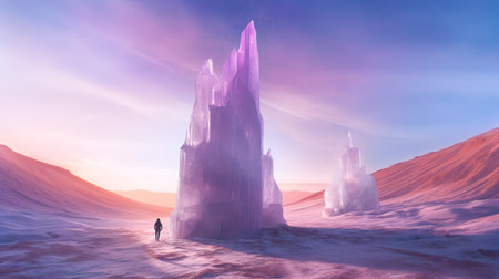 Fantasy landscape with icebergs and man. 3D illustration.の素材