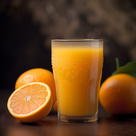 Glass of fresh orange juice with fresh fruits on dark background, selective focusの素材
