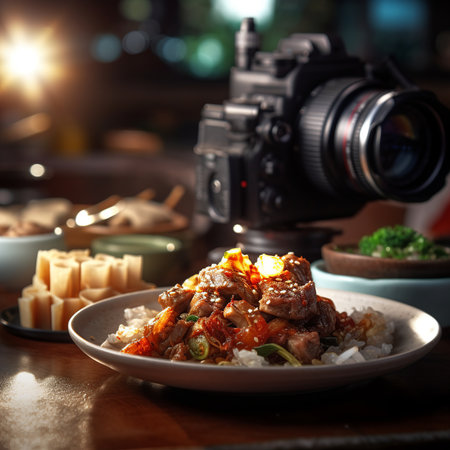 Rice topped with stir-fried pork and vegetables on wooden tableの素材