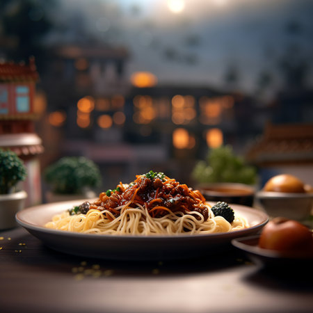Spaghetti bolognese with beef and vegetables on wooden tableの素材