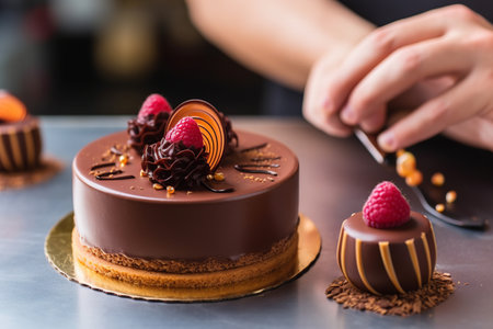 chocolate cake with fresh raspberries and chocolate shavingsの素材