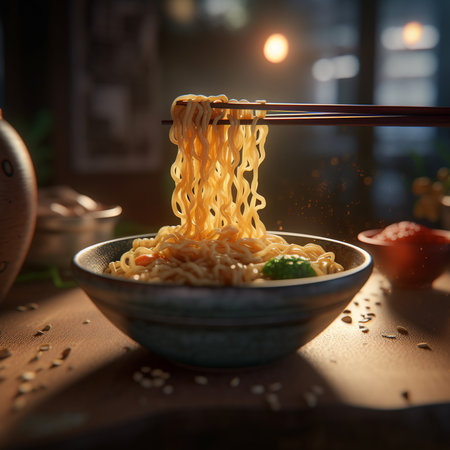 Ramen noodles in a bowl with chopsticks on a wooden tableの素材