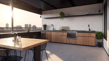 3d Illustration of modern kitchen in a loft with a beautiful designの素材