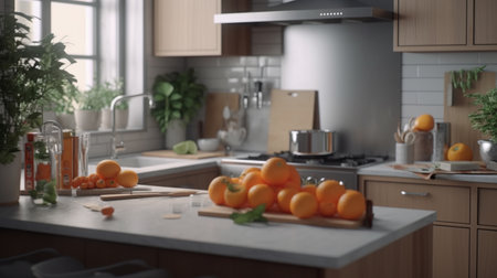 3d rendering of a kitchen interior in a loft style with orangesの素材