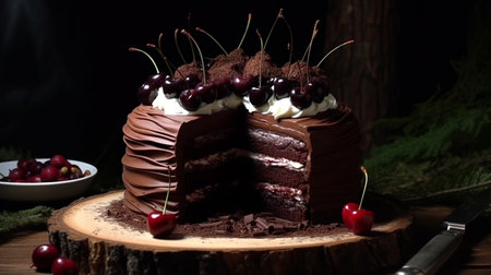 Chocolate cake with cherries on a wooden table in the darkの素材