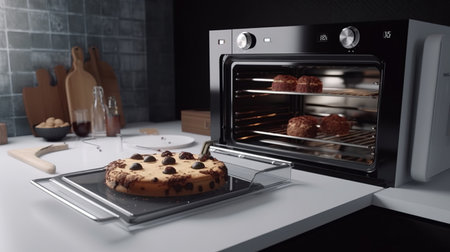 3d rendering of an oven in a modern kitchen with a cakeの素材