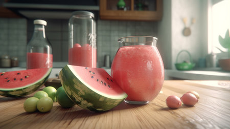 Watermelon smoothies in a glass on a wooden table in the kitchenの素材