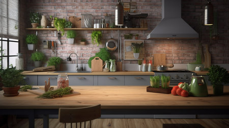 3D rendering of a modern kitchen interior in a loft style.の素材