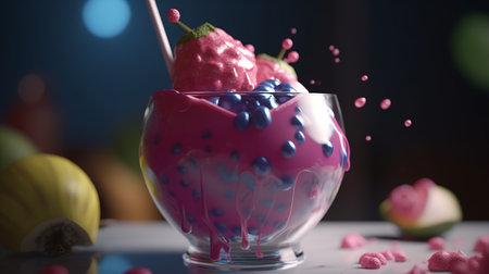 Strawberry and blueberry smoothie in a glass with a strawの素材