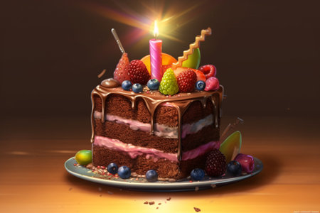 Birthday cake with burning candle and berries on wooden table, closeupの素材