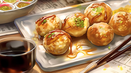 Illustration of dim sum with soy sauce and chopsticks on the tableの素材