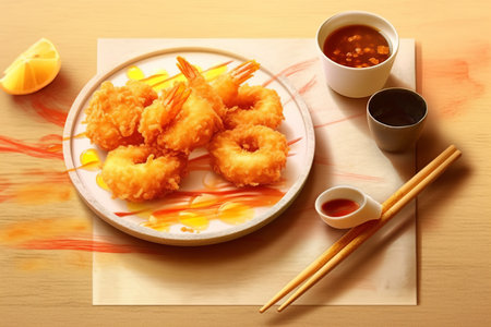 Tempura Shrimps with sauce and chopsticks on wooden backgroundの素材