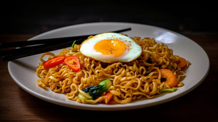 Yakisoba noodles with fried egg and vegetables on wooden table.の素材