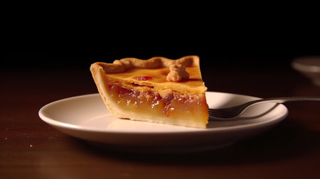 A piece of apple pie on a white plate with a fork.の素材