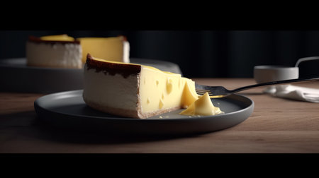 Cheesecake on a black plate on a wooden table in the kitchenの素材