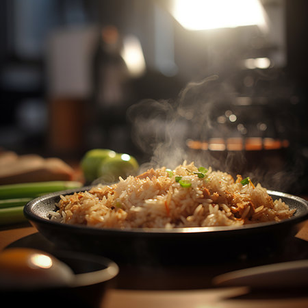 Fried rice with vegetables in a frying pan on the kitchen tableの素材