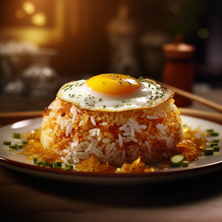 fried rice with fried egg in a plate on a wooden table.の素材