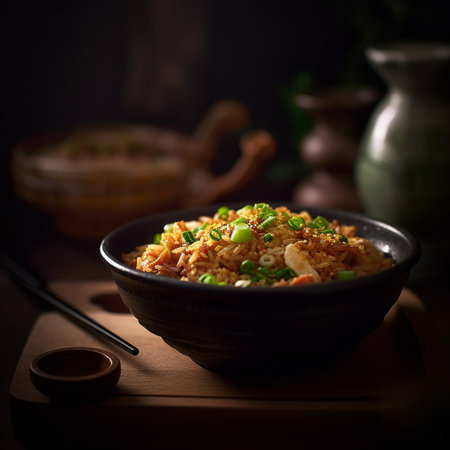 Asian cuisine. Fried rice with vegetables and meat on a dark backgroundの素材