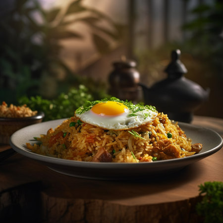 Pilaf with fried egg on a plate. Oriental cuisine.の素材