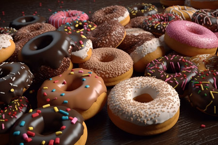 assorted donuts with chocolate frosted, pink glazed and sprinkles donuts.の素材