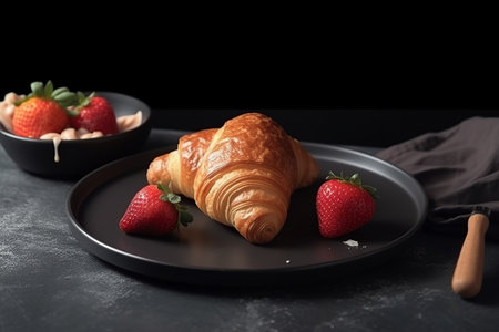 Croissant with strawberries on a black plate on a dark backgroundの素材