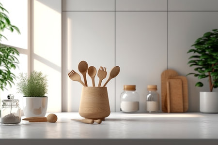Kitchen interior with wooden utensils in vase. Mock up, 3D Renderingの素材