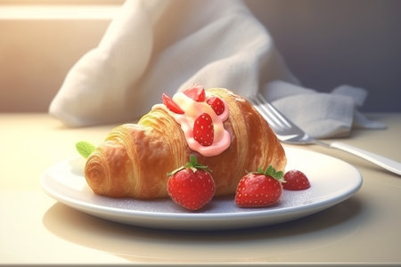 Croissant with strawberries and whipped cream on a white plate.の素材