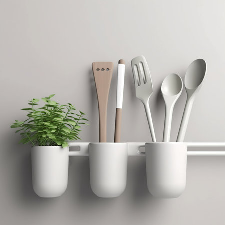 Kitchen utensils in a holder on the wall. 3d renderingの素材
