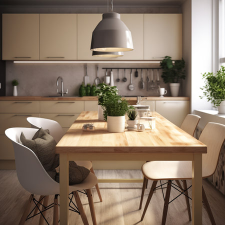 Interior of modern kitchen with wooden table and chairs. 3d renderの素材