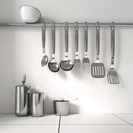 Kitchen utensils on the wall. 3D rendering.の素材