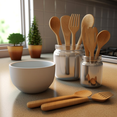 Kitchen utensils on the table. 3d rendering.の素材