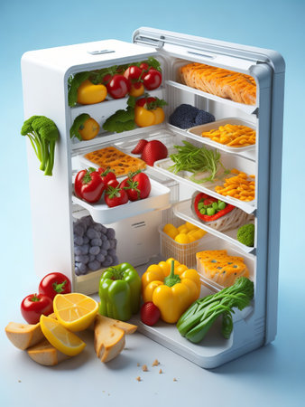 Refrigerator full of healthy food on blue background. 3d illustrationの素材