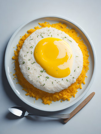 Rice with egg yolk in a plate on a white backgroundの素材