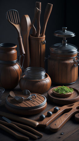 Wooden kitchen utensils on a dark background. Cooking concept.の素材