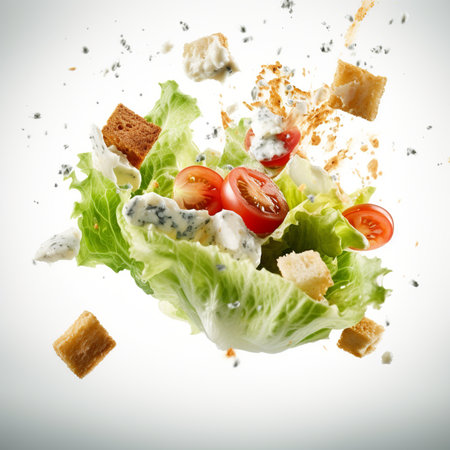 Fresh salad with cheese, tomato and croutons on white backgroundの素材