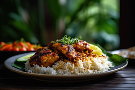 Chicken tikka masala with rice and vegetables on wooden tableの素材