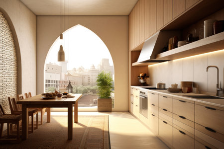 3d render of modern kitchen interior design with window and city viewの素材