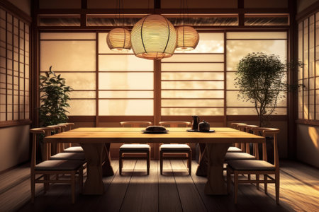 Dining room in Japanese style. 3D rendering. Toned image.の素材