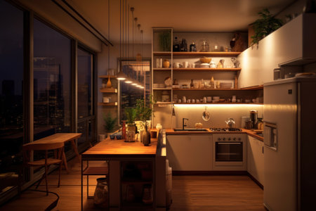 Interior of a modern kitchen in the evening. 3d renderingの素材