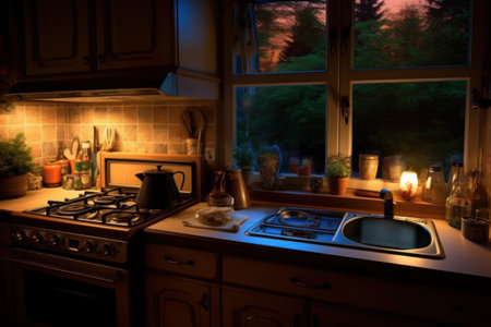 Interior of a modern kitchen at night with burning candles and gas stoveの素材