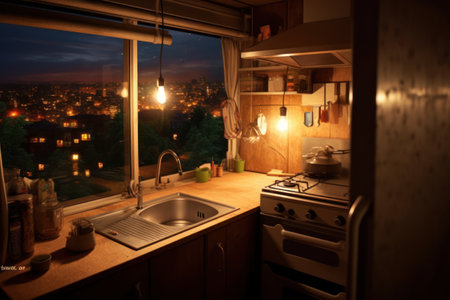 Interior of a modern kitchen at night with a view of the cityの素材
