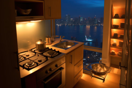 Kitchen at night with the view of the city and the seaの素材