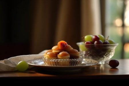 Cupcake with apricot jam and grapes on the tableの素材