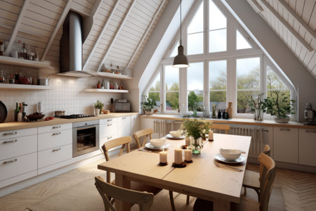 interior of a modern and bright attic kitchen with wooden table and chairsの素材