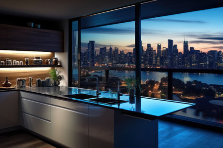 3d rendering of a modern kitchen in a loft with city viewの素材