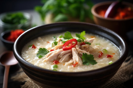 Traditional Chinese porridge with chicken and vegetables in bowl on wooden tableの素材
