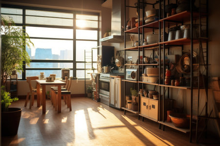Interior of modern kitchen with wooden furniture and window with city viewの素材